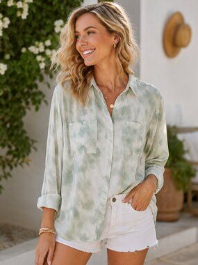 Cloth & Stone SZ M Green Water Color Print So Soft Tencil Button Front Top